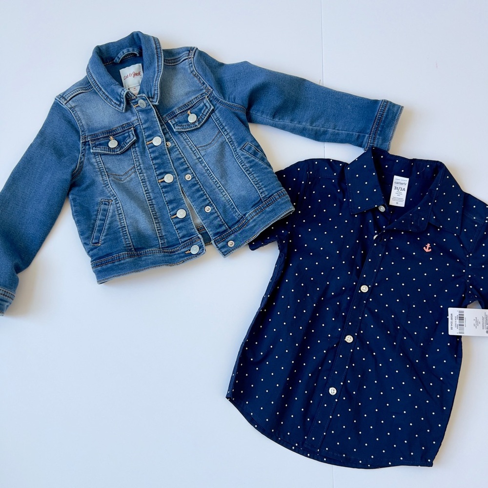 Kids Denim Jacket and Navy Polka Dot Shirt Set - Picture 1 of 4